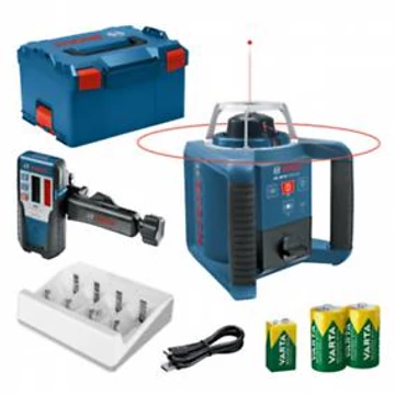 Bosch GRL 300 HV forgólézer + LR 1 lézervevő + 2x 1.2V HR20 (D) VARTA tölthető elemek + 9V 7HR9V VARTA tölthető elem + VARTA töltő + L-Boxx 238