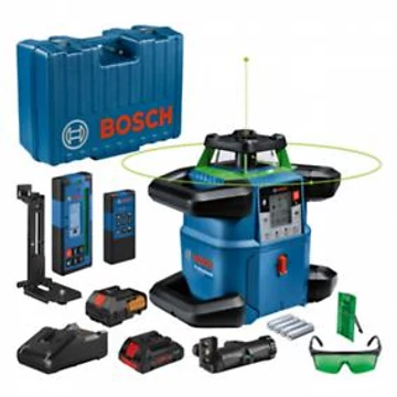 Bosch GRL 650 CHVG  zöld  forgólézer (LR 65 G lézervevő, RB 60 tartó, RC 6 távirányító, WM 6 fali tartó, ProCore 18V 4,0Ah Li-Ion akkumulátor, GAL 18V-40 Professional gyorstöltő, BA1 alkáli elem adapter, 4 D elem, 4 AA elem, zöld lézerszemüveg, zöld lézer