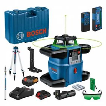 Bosch GRL 650 CHVG  zöld  forgólézer + BT 170 HD állvány + GR 500 mérőléc (LR 65 G lézervevő, RB 60 tartó, RC 6 távirányító, WM 6 fali tartó, ProCore 18V 4,0Ah Li-Ion akkumulátor, GAL 18V-40 Professional gyorstöltő, BA1 alkáli elem adapter, 4 D elem, 4 A