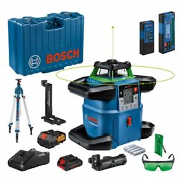 Bosch GRL 650 CHVG  zöld  forgólézer + BT 300 HD állvány (LR 65 G lézervevő, RB 60 tartó, RC 6 távirányító, WM 6 fali tartó, ProCore 18V 4,0Ah Li-Ion akkumulátor, GAL 18V-40 Professional gyorstöltő, BA1 alkáli elem adapter, 4 D elem, 4 AA elem, zöld lézer
