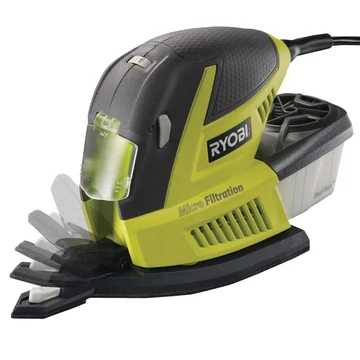 5133002907 Ryobi RMS180-S 180 W multicsiszoló, 5 x csiszolópapír deltacsiszolóhoz, 5 x csiszolópapír rezgőcsiszolóhoz, 5 x csiszolópapír legyezőcsiszolóhoz, 3 az 1-ben, háromféle csiszolási üzemmód: rezgőcsiszoló, deltacsiszoló, legyezőcsiszo