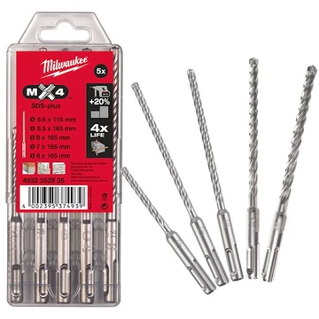 Milwaukee MX4 SDS-Plus 4 élű fúrószár Készlet 5 részes (5,5 x 115 mm; 5,5 / 6 / 7 / 8 x 160 mm) 1 db