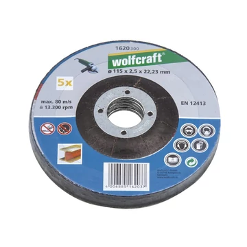 1620300 Wolfcraft 5db vágókorong fémhez, d=2.5mm Ø115x22.2mm, hajlított, sarokcsiszolóhoz