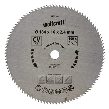 Wolfcraft Körfűrészlap, CV, kék sorozat, 100 fogú, Ø 184 x 16 x 2.4 mm