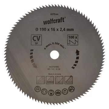 Wolfcraft Körfűrészlap, CV, kék sorozat, 100 fogú, Ø 190 x 16 x 2.4 mm