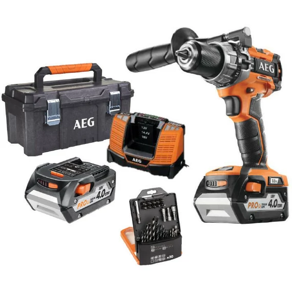 AEG PRO18V BSB18C2BL-402TB 18v szénkefementes ütvefúró csavarbehajtó akkuval töltővel + szerszámosláda és tartozékszett 4935478619