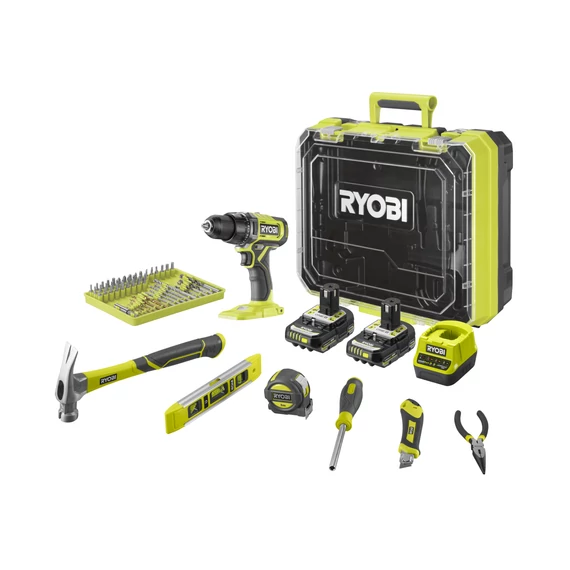Ryobi ONE+ RDD18-2C20TAH 18v akkumulátoros fúró-csavarbehajtó 2 akkuval töltővel kofferben tartozék és kéziszerszámokkal 5133005812