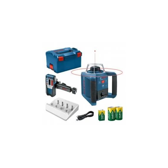 Bosch GRL 300 HV forgólézer + LR 1 lézervevő + 2x 1.2V HR20 (D) VARTA tölthető elemek + 9V 7HR9V VARTA tölthető elem + VARTA töltő + L-Boxx 238 0601061505