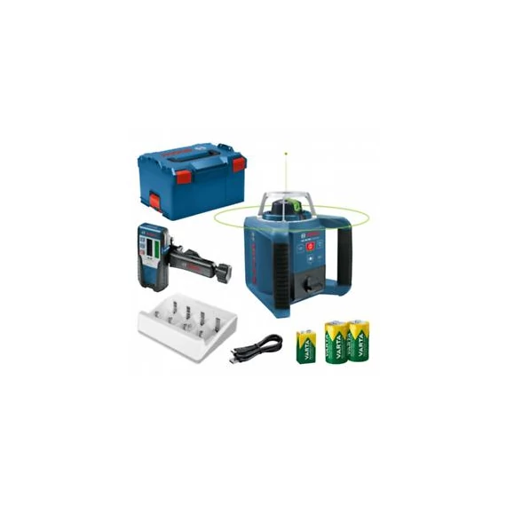 Bosch GRL 300 HVG  zöld  forgólézer + LR 1 G lézervevő + 2x 1.2V HR20 (D) VARTA tölthető elemek + 9V 7HR9V VARTA tölthető elem + VARTA töltő + L-Boxx 238 0601061704