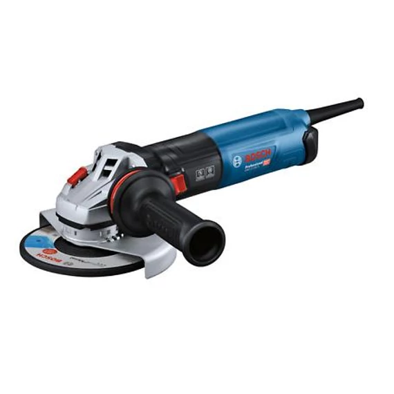 Bosch GWS 17-150 S Sarokcsiszoló vibrációcsökkentett kiegészítő fogantyúval, védőburkolattal, rögzíthető fém védőburkolattal vágáshoz, porszűrővel, kétlyukú csavarkulccsal, hátsó karimával, rögzítőanyával kartondobozban 06017D0600