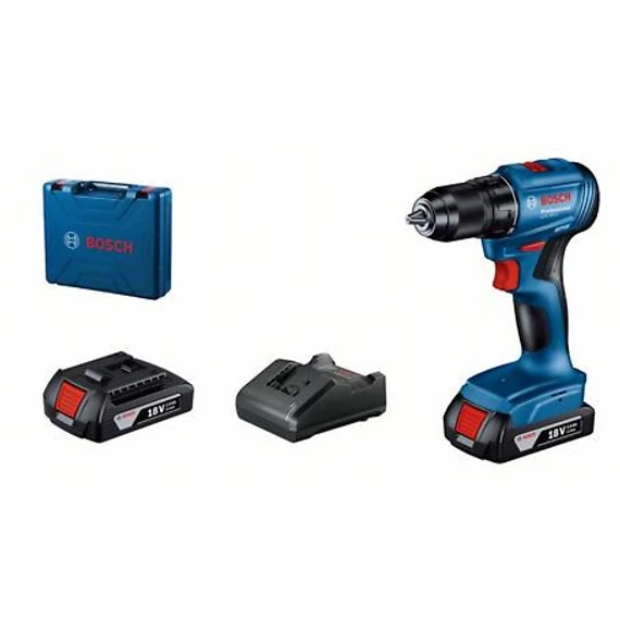 Bosch GSR 185-LI Akkus fúrócsavarozó 2x GBA 18V 2.0 Ah akkuval, GAL 18V-20 töltővel szerszámkofferben 06019K3000