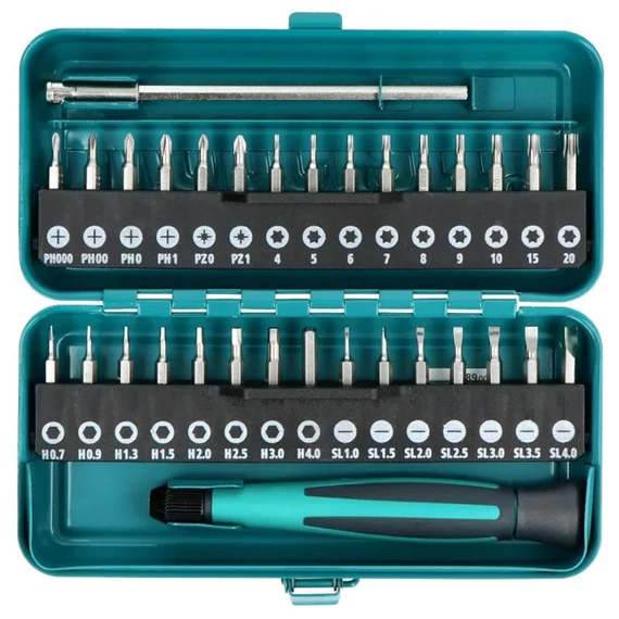1389000 Wolfcraft Bitkészlet micro bitekkel 32 részes, PH/PZ/T/HEX/SL, markolattal és hosszabítóval
