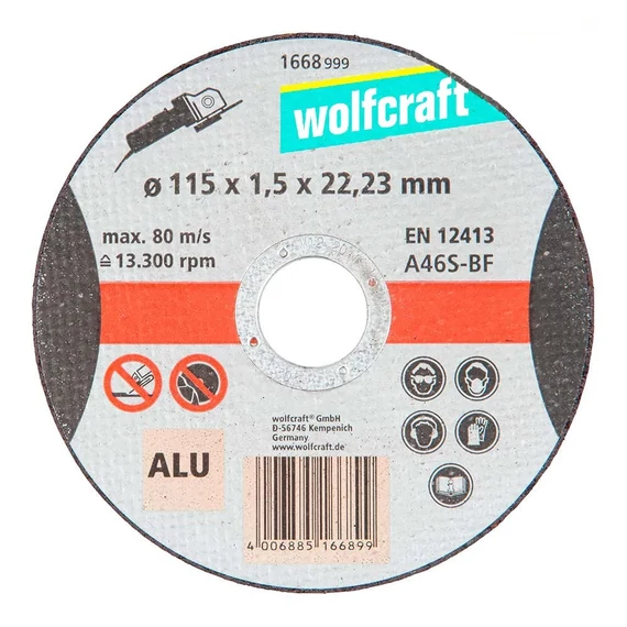 1668999 Wolfcraft Finomvágó korong színesfémhez és alumíniumhoz, d=1.5mm Ø115x22.2mm, egyenes, sarokcsiszolóhoz