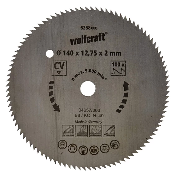 6258000 Wolfcraft Körfűrészlap, CV, kék sorozat, 100 fogú, Ø 140 x 12.75 x 2 mm
