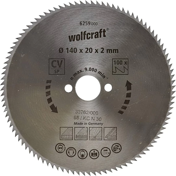 6259000 Wolfcraft Körfűrészlap, CV, kék sorozat, 100 fogú, Ø 140 x 20 x 2 mm