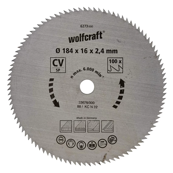 6273000 Wolfcraft Körfűrészlap, CV, kék sorozat, 100 fogú, Ø 184 x 16 x 2.4 mm