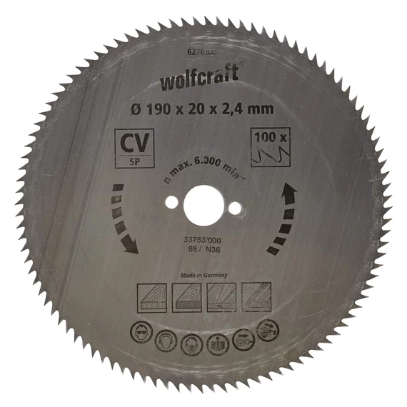 6276000 Wolfcraft Körfűrészlap, CV, kék sorozat, 100 fogú, Ø 190 x 20 x 2.4 mm