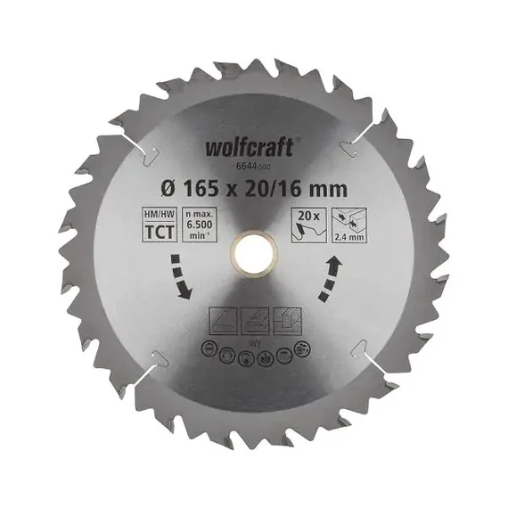 6644000 Wolfcraft Körfűrészlap, HM, 20 fogú, Ø 165x20/16 mm