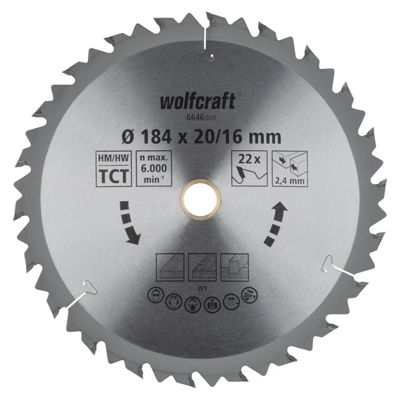6646000 Wolfcraft Körfűrészlap, HM, 22 fogú, Ø 184x20/16 mm